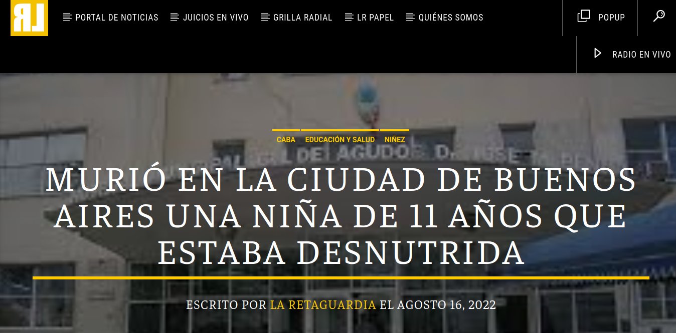 Muere por desnutrición una niña en la Ciudad de Buenos Aires